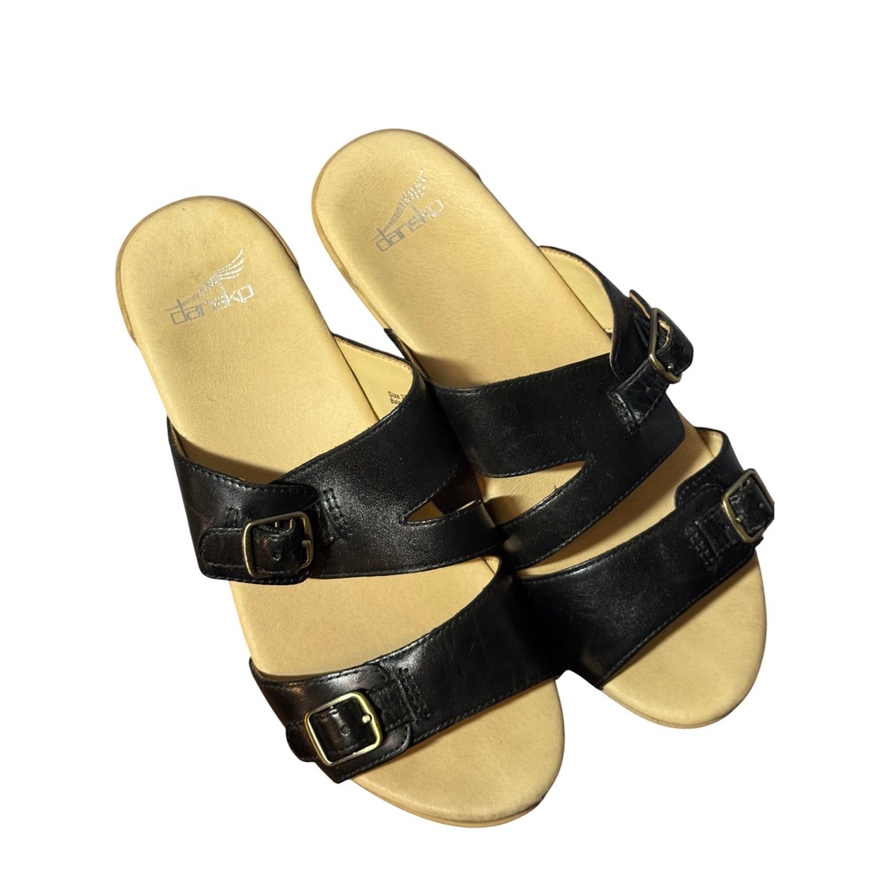 LIKE NEW Dansko Black Leather Double Buckle Slide Wedge Sandals Size 37 - Picture 4 of 7